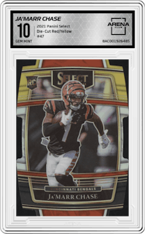 Ja'Marr Chase from the 2021 Panini Select set featuring a Die-Cut Red/Yellow parallel graded by Arena Club and given an overall grade of 10.