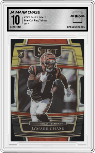 Ja'Marr Chase from the 2021 Panini Select set featuring a Die-Cut Red/Yellow parallel graded by Arena Club and given an overall grade of 10.