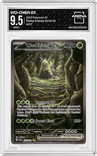 Wo-Chien EX from the 2023 Pokemon SV set graded by Arena Club and given an overall grade of 9.5.