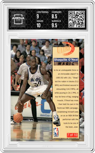 Shaquille O'Neal from the 1992-93 Fleer Ultra set graded by Arena Club and given an overall grade of 9.