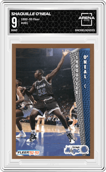 Shaquille O'Neal from the 1992-93 Fleer  set graded by Arena Club and given an overall grade of 9.