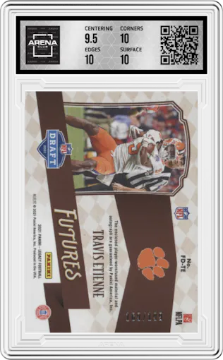 Travis Etienne from the 2021 Panini Legacy set graded by Arena Club and given an overall grade of 10.