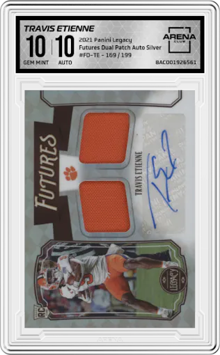 Travis Etienne from the 2021 Panini Legacy set graded by Arena Club and given an overall grade of 10.