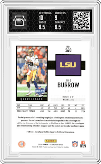 Joe Burrow from the 2020 Panini Score set graded by Arena Club and given an overall grade of 9.5.