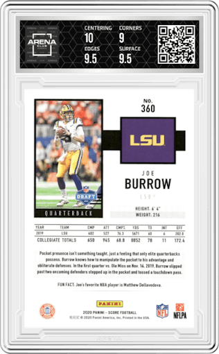 Joe Burrow from the 2020 Panini Score set graded by Arena Club and given an overall grade of 9.5.