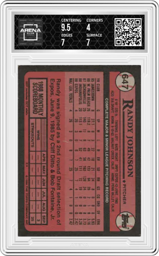 Randy Johnson from the 1989 Topps set graded by Arena Club and given an overall grade of 4.5.
