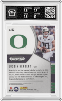 Justin Herbert from the 2020 Panini Prizm Draft Picks set graded by Arena Club and given an overall grade of 9.