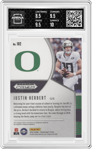 Justin Herbert from the 2020 Panini Prizm Draft Picks set graded by Arena Club and given an overall grade of 9.