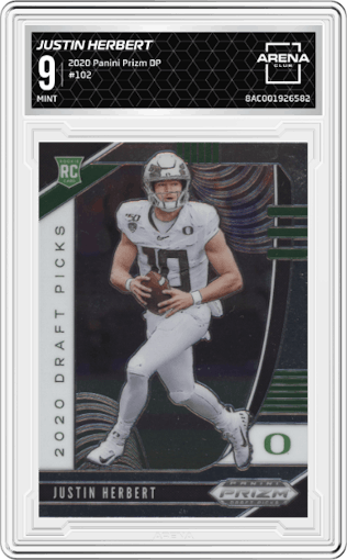 Justin Herbert from the 2020 Panini Prizm Draft Picks set graded by Arena Club and given an overall grade of 9.