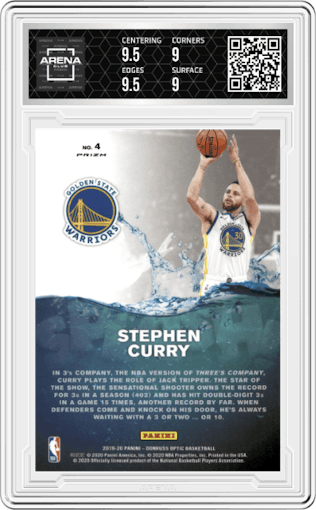 Stephen Curry from the 2019-20 Panini Donruss Optic set featuring a Holo parallel graded by Arena Club and given an overall grade of 9.5.