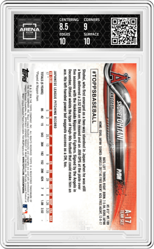 Shohei Ohtani from the 2018 Topps Baseball Factory Team Set set graded by Arena Club and given an overall grade of 9.