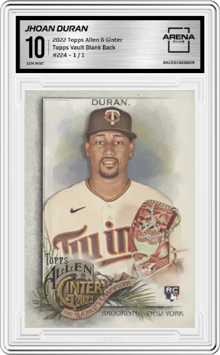 Jhoan Duran from the 2022 Topps Allen & Ginter set featuring a Topps Vault Blank Back parallel graded by Arena Club and given an overall grade of 10.