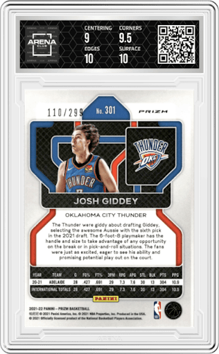Josh Giddey from the 2021-22 Panini Prizm  set featuring a Red Prizm parallel graded by Arena Club and given an overall grade of 9.5.