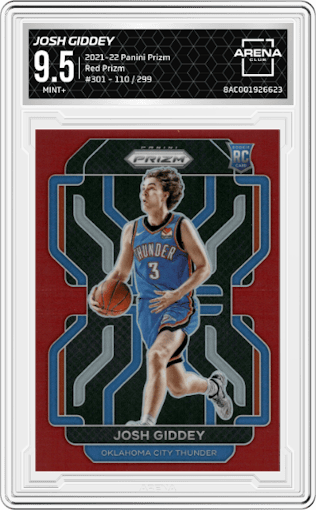 Josh Giddey from the 2021-22 Panini Prizm  set featuring a Red Prizm parallel graded by Arena Club and given an overall grade of 9.5.