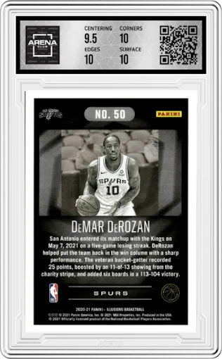 DeMar DeRozan from the 2020-21 Panini Illusions  set featuring a Asia Trophy Collection Gold parallel graded by Arena Club and given an overall grade of 10.