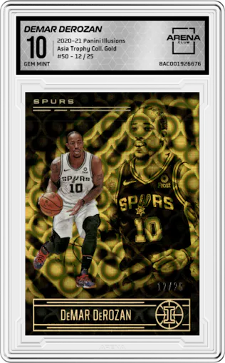 DeMar DeRozan from the 2020-21 Panini Illusions  set featuring a Asia Trophy Collection Gold parallel graded by Arena Club and given an overall grade of 10.