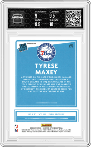 Tyrese Maxey from the 2020-21 Panini Donruss Optic set featuring a Fanatics Box Set parallel graded by Arena Club and given an overall grade of 9.5.