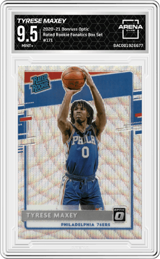 Tyrese Maxey from the 2020-21 Panini Donruss Optic set featuring a Fanatics Box Set parallel graded by Arena Club and given an overall grade of 9.5.