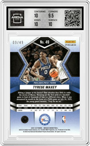 Tyrese Maxey from the 2021-22 Panini Mosaic  set featuring a Purple Mosaic parallel graded by Arena Club and given an overall grade of 10.