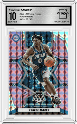 Tyrese Maxey from the 2021-22 Panini Mosaic  set featuring a Purple Mosaic parallel graded by Arena Club and given an overall grade of 10.