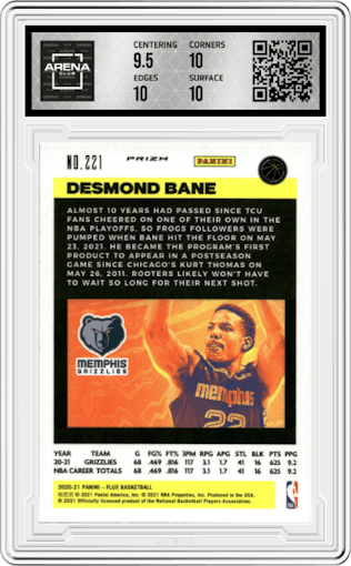 Desmond Bane from the 2020-21 Panini Flux set featuring a Fanatics Cracked Ice parallel graded by Arena Club and given an overall grade of 10.