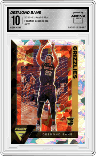 Desmond Bane from the 2020-21 Panini Flux set featuring a Fanatics Cracked Ice parallel graded by Arena Club and given an overall grade of 10.