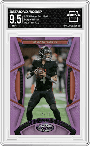 Desmond Ridder from the 2023 Panini Certified set featuring a Purple Mirror parallel graded by Arena Club and given an overall grade of 9.5.