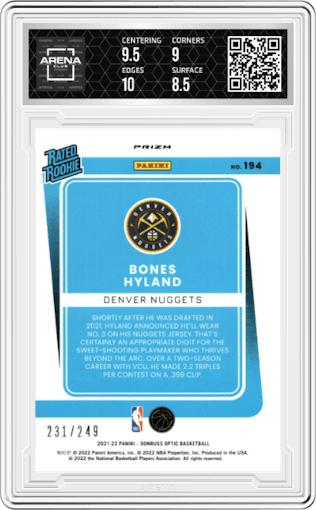 Bones Hyland from the 2021-22 Panini Donruss Optic set featuring a Premium Box Set parallel graded by Arena Club and given an overall grade of 9.