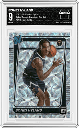 Bones Hyland from the 2021-22 Panini Donruss Optic set featuring a Premium Box Set parallel graded by Arena Club and given an overall grade of 9.