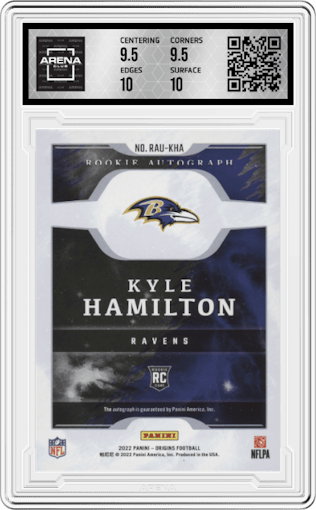 Kyle Hamilton from the 2022 Panini Origins set graded by Arena Club and given an overall grade of 10.