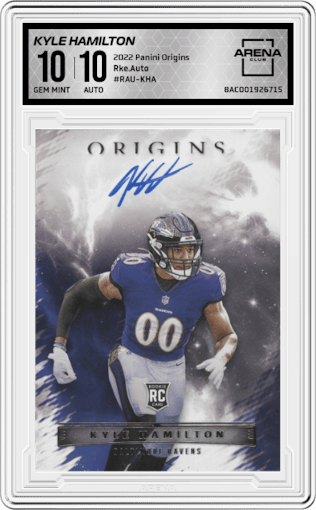 Kyle Hamilton from the 2022 Panini Origins set graded by Arena Club and given an overall grade of 10.