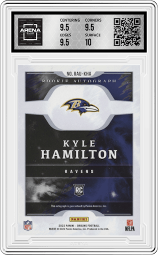 Kyle Hamilton from the 2022 Panini Origins set graded by Arena Club and given an overall grade of 10.