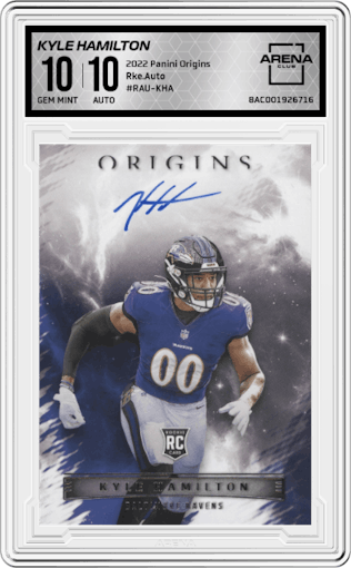 Kyle Hamilton from the 2022 Panini Origins set graded by Arena Club and given an overall grade of 10.