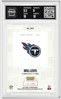 Will Levis from the 2023 Panini Instant NFL Draft Night set graded by Arena Club and given an overall grade of 9.5.