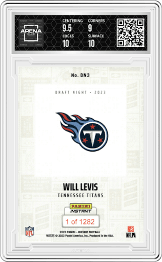 Will Levis from the 2023 Panini Instant NFL Draft Night set graded by Arena Club and given an overall grade of 9.5.