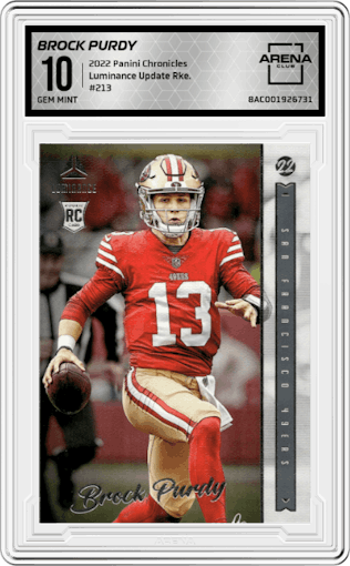 Brock Purdy from the 2022 Panini Chronicles set graded by Arena Club and given an overall grade of 10.