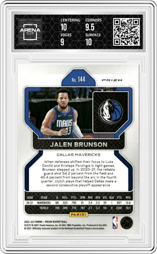 Jalen Brunson from the 2021-22 Panini Prizm  set featuring a Choice Blue/Yellow/Green parallel graded by Arena Club and given an overall grade of 9.5.