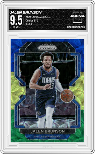 Jalen Brunson from the 2021-22 Panini Prizm  set featuring a Choice Blue/Yellow/Green parallel graded by Arena Club and given an overall grade of 9.5.