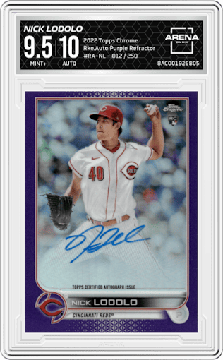 Nick Lodolo from the 2022 Topps Chrome set featuring a Purple Refractor parallel graded by Arena Club and given an overall grade of 9.5.