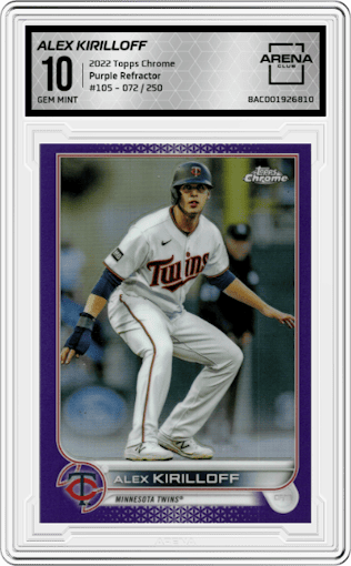 Alex Kirilloff from the 2022 Topps Chrome set featuring a Purple Refractor parallel graded by Arena Club and given an overall grade of 10.