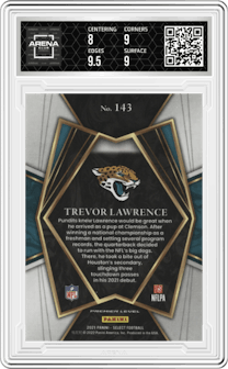 Trevor Lawrence from the 2021 Panini Select set graded by Arena Club and given an overall grade of 8.5.