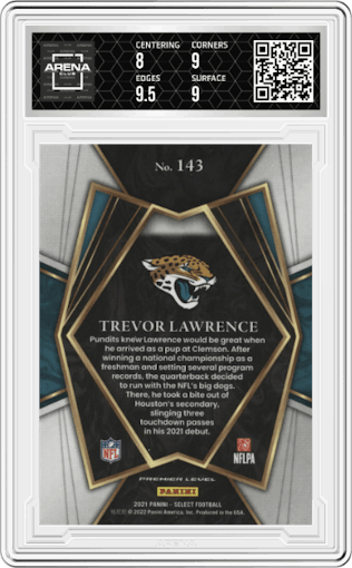 Trevor Lawrence from the 2021 Panini Select set graded by Arena Club and given an overall grade of 8.5.
