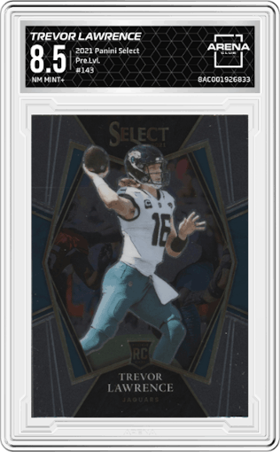 Trevor Lawrence from the 2021 Panini Select set graded by Arena Club and given an overall grade of 8.5.