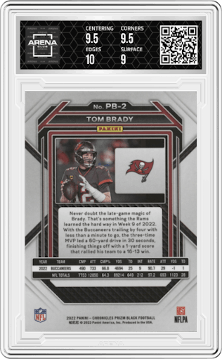 Tom Brady from the 2022 Panini Chronicles set graded by Arena Club and given an overall grade of 9.5.