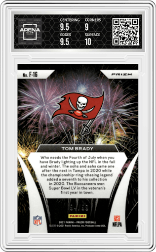 Tom Brady from the 2021 Panini Prizm set featuring a Blue Ice Prizm parallel graded by Arena Club and given an overall grade of 9.5.