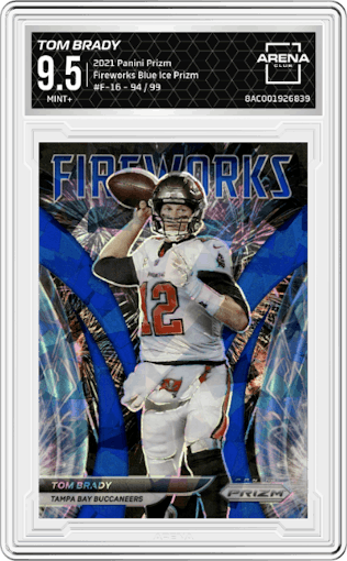 Tom Brady from the 2021 Panini Prizm set featuring a Blue Ice Prizm parallel graded by Arena Club and given an overall grade of 9.5.
