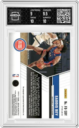 Saddiq Bey from the 2020-21 Panini Mosaic set graded by Arena Club and given an overall grade of 9.5.