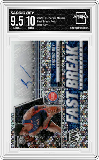Saddiq Bey from the 2020-21 Panini Mosaic set graded by Arena Club and given an overall grade of 9.5.