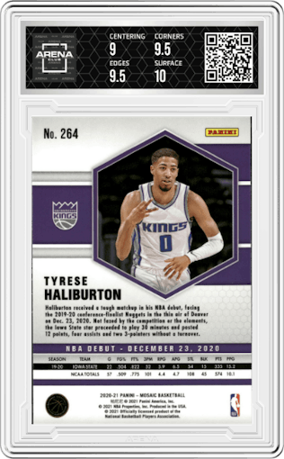 Tyrese Haliburton from the 2020-21 Panini Mosaic set featuring a Silver parallel graded by Arena Club and given an overall grade of 9.5.