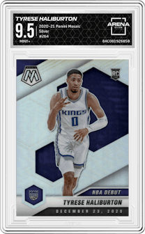 Tyrese Haliburton from the 2020-21 Panini Mosaic set featuring a Silver parallel graded by Arena Club and given an overall grade of 9.5.